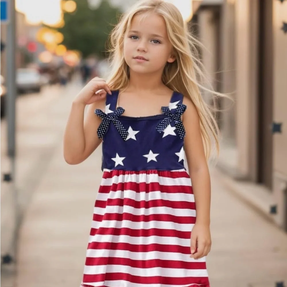 Blue and White Seasonal Dress 4th of July Stars and Stripes patriotic ruffle